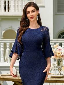 Đầm ôm dáng tay bồng ren hoa phối màu tương phản, thanh lịch, thích hợp cho tiệc cocktail, dạ hội bán trang trọng, tiệc cưới, sinh nhật, lễ tốt nghiệp, tiệc gala, tiệc họp mặt và các dịp khác. - Màu xanh hải quân - Xem 10