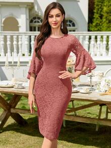 对比色花卉蕾丝荷叶边袖紧身连衣裙，优雅鸡尾酒半正式舞会礼服，适合生日、婚礼嘉宾、毕业典礼、晚宴、返校节派对礼服