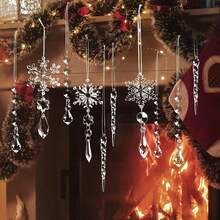 Crystal Clear Christmas Ornaments Acrylic Snowflake Icicles Pendants Winter Party Holiday Xmas Tree Hanging Decorations