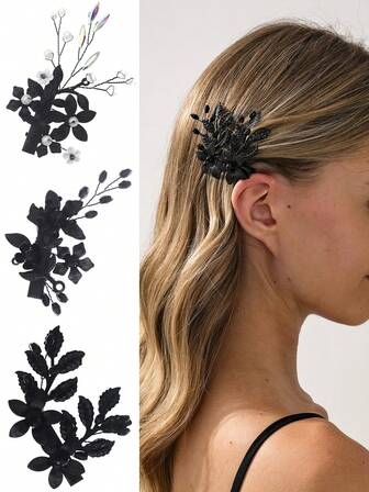 1pc Costume Accessories Black Crystal Hair Clips For Brides Wedding Bridal Rhinestone Hair Piece Hair Accessories For Women Valentine's Day Accessories