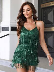 Joyfunear Women's Sequin Tassel Spaghetti Strap Romper - Dark Green - View 5