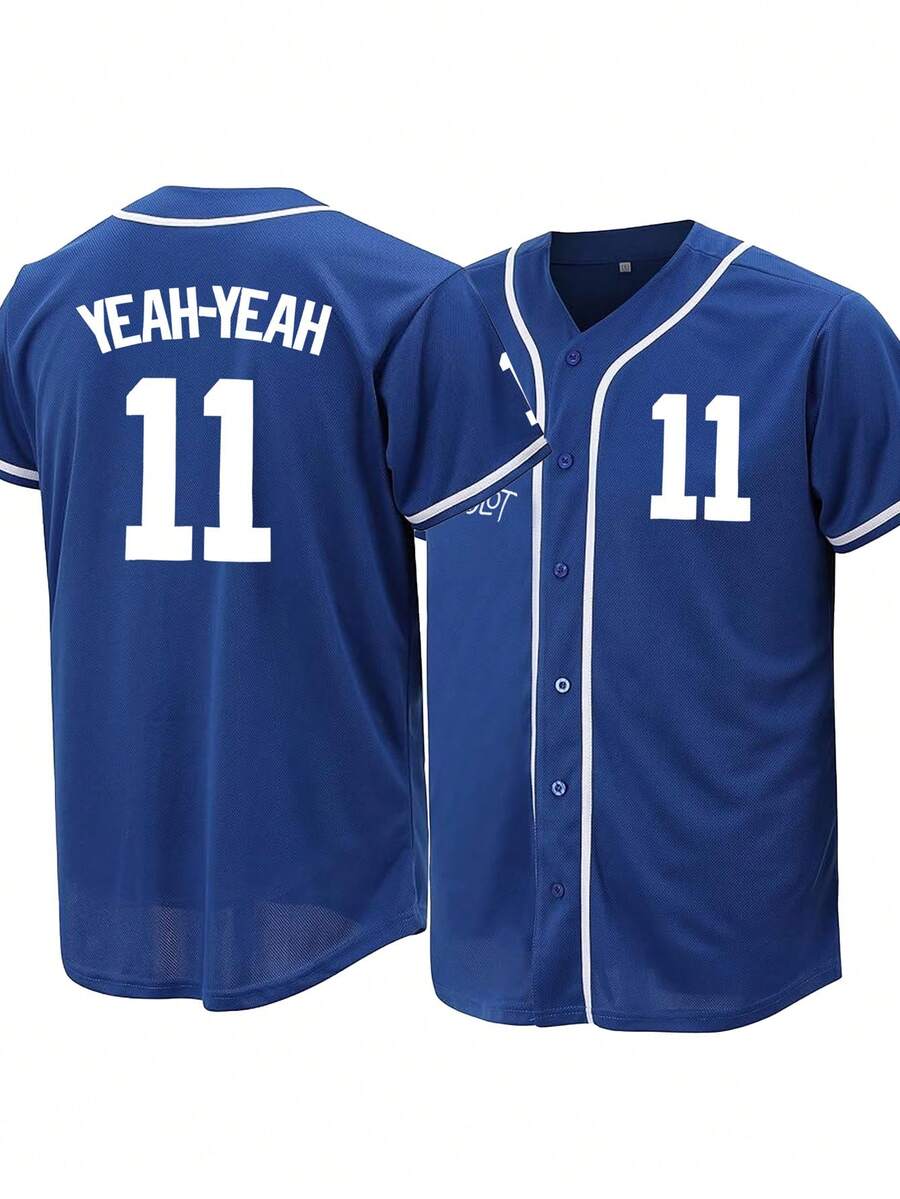Men's Baseball Jersey 11 Blue Button-Down Embroidered Sports T-Shirt Gym Clothes Men Basic T Shirt - Blue - View 1