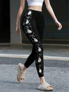 1 件女士时尚优雅银箔印花侧条纹紧身弹力九分裤，休闲日常穿着和运动紧身裤 - 黑色 - 查看 2