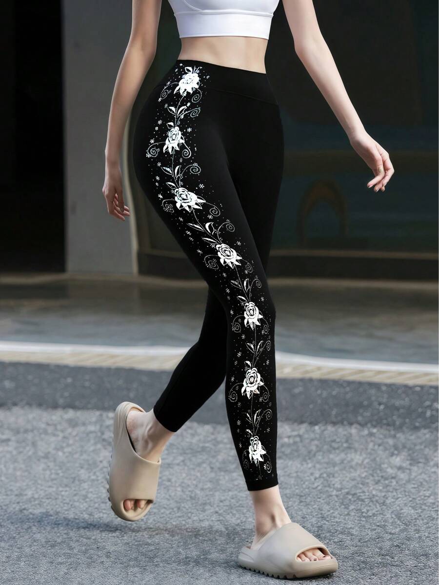 1 件女士时尚优雅银箔印花侧条纹紧身弹力九分裤，休闲日常穿着和运动紧身裤