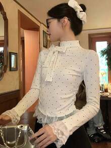 女士波点高领拼接蝴蝶结蕾丝边修身打底衫，情人节女士上衣，秋冬季 - 白色 - 查看 4