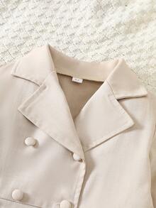 2pcs Girls Autumn Outfit, Long Sleeve Asymmetrical Hem Blazer Jacket And Wide Leg Pants Suit - Khaki - View 2