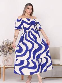 Women's Long Midi Dress With Puffer Sleeves And  Frills, Off-The-Shoulder, Tres Marias Floral - 藍白 - 查看 2