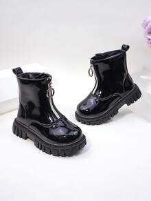 Fashionable Girls' Boots, Black Boots, Black Glossy + Round Ring Zipper, Textured PU Material, Thick Sole Comfortable. - Black - View 3