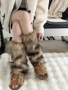 1 chiếc tất giữ ấm chân bằng lông nhân tạo màu nâu trơn mịn, phù hợp với mọi mùa, phong cách Y2K giữ ấm cho mùa đông và mùa thu - màu nâu - Xem 10