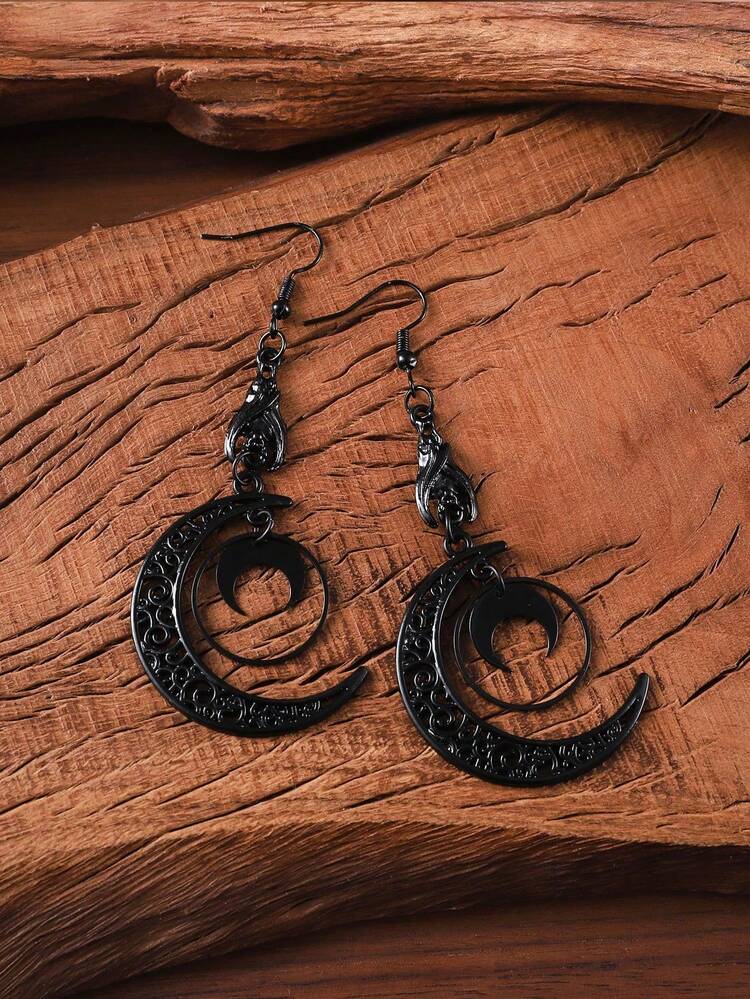 1 Đôi bông tai mặt dây chuyền hình trăng lưỡi liềm rỗng màu đen kiểu Gothic, bông tai Halloween, bông tai trăng lưỡi liềm thanh lịch, trang sức Gothic, unisex - màu đen - Xem 3