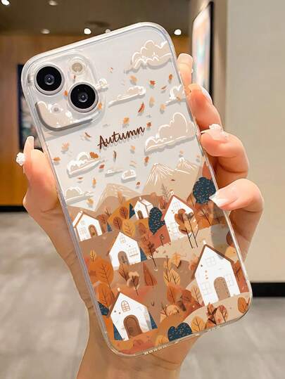 1pc Fashion Maple Leaf, Mountain, House Transparent Painted Thick Anti-Drop Phone Case