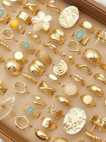 15/5/7/8pcs Set Asymmetrical Hollow Heart Rhinestone Faux Gemstone Star Burst Design Chunky Rings, Cute Stackable Fashionable Elegant Vintage Style, Suitable For Holiday, Party, Date, Daily Wear, Gift - Gold - View 3