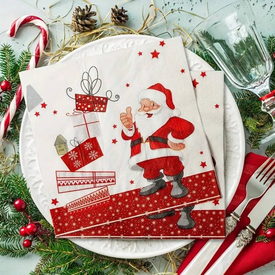 20 piezas/40 piezas/60 piezas Servilletas con temática navideña, servilletas de fiesta, pañuelos navideños, Papá Noel, regalos de Navidad, servilletas con estampado de estrellas, adecuadas para cumpleaños, vacaciones, Navidad, fiestas, decoración de mesa, cocina, suministros para el comedor - Multicolor - Ver 1