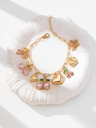 1 Pc Pink Color Crystal Decor Cherry Heart Charm Bracelet , Women Y2K Style Bow Decor Bracelets Jewelry