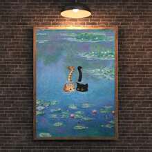 莫奈睡莲场景中的奇特橙色和黑色猫帆布艺术印刷品 - 鲜艳的蓝色和绿色，无框墙面装饰，适合客厅、卧室、厨房、办公室或咖啡厅 - 完美的情人节礼物，客厅艺术品 | 莫奈风格艺术 | 鲜艳的色彩艺术，猫咪装饰 - 彩色 - 查看 5