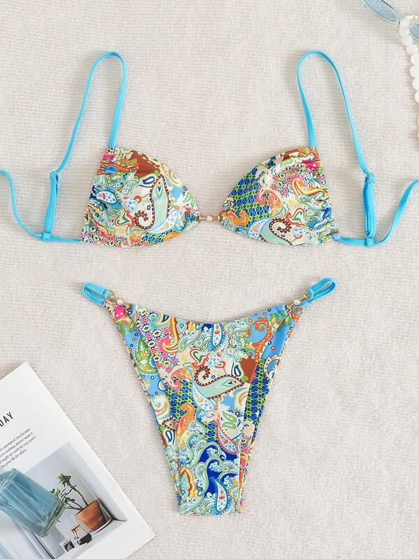 Bộ bikini đi nghỉ mát gợi cảm in họa tiết Bohemian có dây đeo vai mảnh thắt nút ngọc trai trang trí mùa hè mới cho nữ