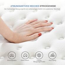 Materasso 90x200/140x190 cm, profondità 25 cm, materasso ibrido semirigido, traspirante, estremamente silenzioso ed ergonomico, rivestimento in maglia da 240 g e molle insacchettate, bianco - Bianco - Visualizzare 6