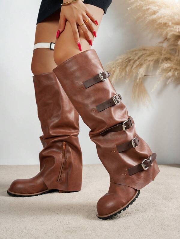 3cm Low Heel Round Toe Pleated Buckle Decor Tall Boots, Autumn New Motorcycle Cowgirl Style Leather Riding Boots, Versatile Stacked Shaft Long Boots,Y2k Shoes