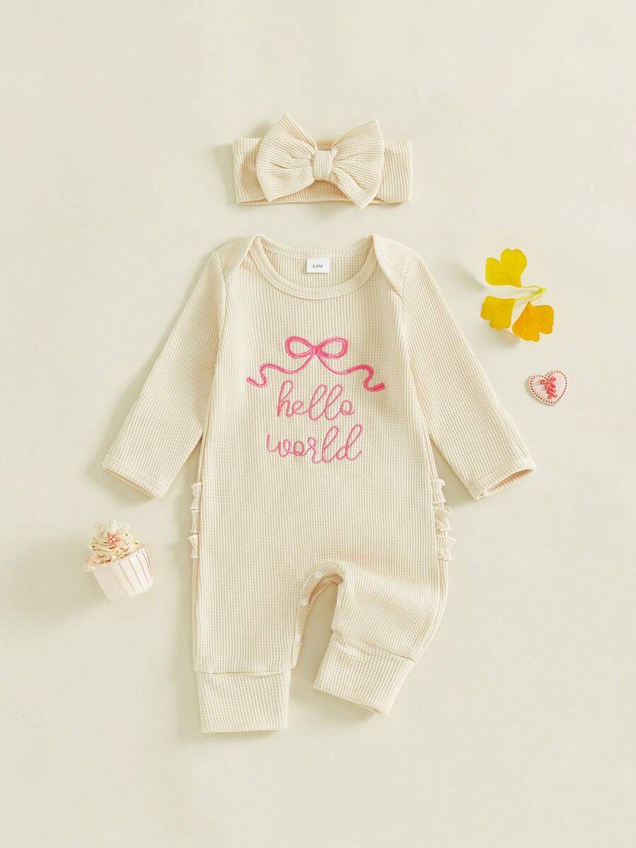 Mono de punto de gofre con manga larga y volantes para bebé niña recién nacida, ropa de otoño e invierno para salir y volver a casa - Caqui - Ver 1
