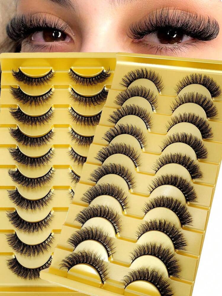 10pairs 5d Mink Fur False Eyelashes,Crossed & Voluminous Natural And Dramatic Lashes - 黑色 - 查看 8
