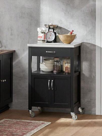 SoBuy FKW22 Kitchen Trolley Cart Storage Trolley Serving Trolley Kitchen Cabinet With Stainless Steel Worktop