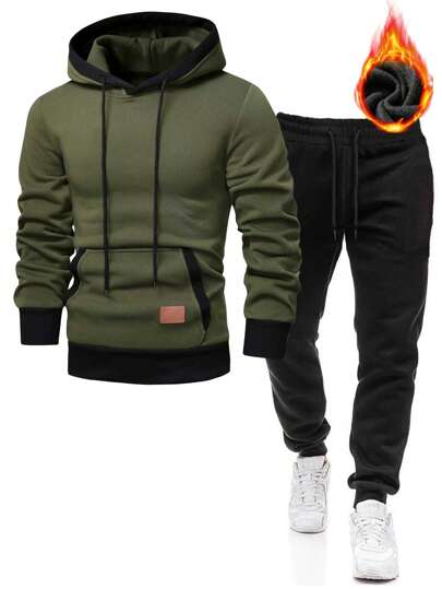 Męski, swobodny, kontrastowy zestaw z polaru z kapturem i spodniami dresowymi