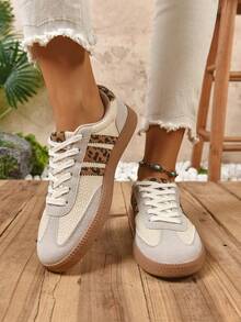 女士休闲百搭豹纹运动鞋，时尚醒目舒适耐用橡胶软底运动鞋，透气轻便拼接女式运动鞋 - 米色 - 查看 5