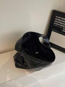 1 pieza Bolso de hombro de mujer de estilo vintage negro con remaches, ojetes y costuras, con acabado encerado, bolso de tote versátil y casual apto para uso diario, ir a la universidad, de gran capacidad tipo cubo, nueva llegada de otoño/invierno