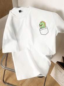 Men's Casual Cartoon Dinosaur Print Round Neck Short Sleeve T-Shirt, Summer Cute T Shirt Cartoon Shirt Dinosaur Shirt Pocket Tee Graphic Tee - Blanco - Ver 3