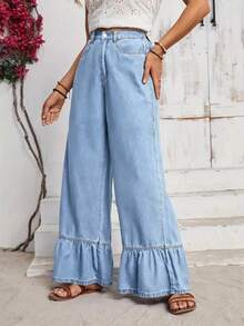 Ruffle Hem Wide Leg Jeans, Relaxed Loose Comfortable Blue Denim Pants, Vacation Style, Suitable For Casual Outings, Travel In Spring, Summer, Autumn And Winter - Blue - View 4