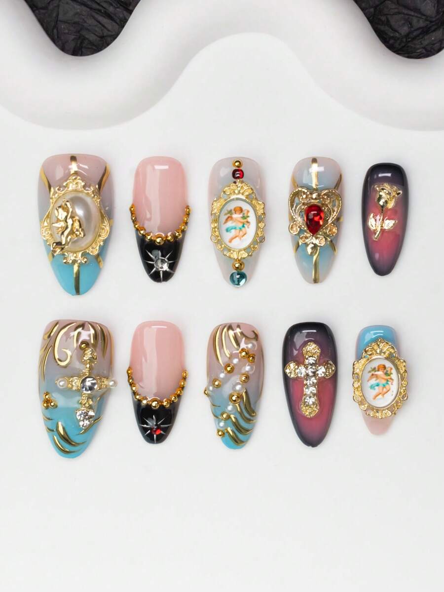 10件/套手工杏仁形美甲片，法式美甲片，不对称液态金属图案，宝石、天使、心形、玫瑰、十字架、钢珠等设计。适合派对、日常佩戴，也可作为女士和女孩的礼物。包含工具包。有裸色、棕色、蓝色、金色可选。按压式美甲用品 - 彩色 - 查看 1
