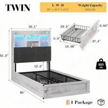 Bed Frame With 51.2'' Tall Bookcase Headboard, Farmhouse Platform Bed With 4 Storage Drawers, Linen Upholstered Design With Charging Station And Storage, Modern Bedroom Furniture, Rustic White - 查看 2