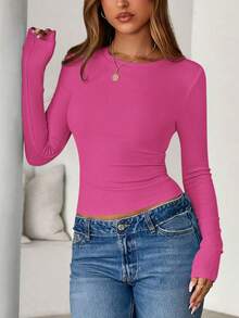 Women Spring And Fall Long Sleeve Shirts Ribbed Crewneck Fitted Basic Tee Going Out Tops Casual Workout Vacation Outfits - 亮粉紅色 - 查看 3