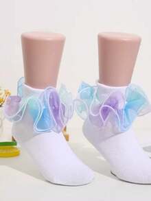 1 Pair Girls' Ruffle Trim Socks, Princess Baby Dance Rainbow Lace Socks - Multicolor - View 27