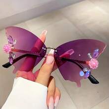Women's Butterfly Glasses - Purple Pink Gradient Lenses, Elegant Party And Daily Wear - Lightweight And Durable Frame - Non-Prescription Fashion Glasses Accessories, Fashionable Vision Aid, Rhinestone Decoration, Unique Design, Metal Hinge,  Accessories - 漸層紫 - 查看 1