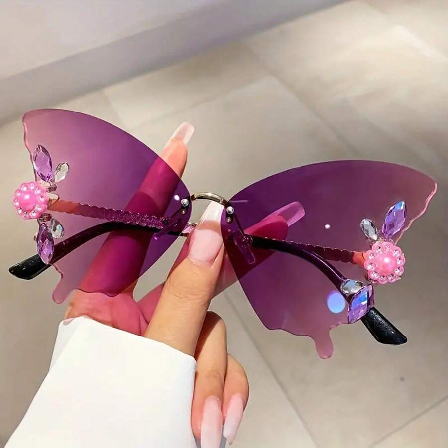 Women's Butterfly Glasses - Purple Pink Gradient Lenses, Elegant Party And Daily Wear - Lightweight And Durable Frame - Non-Prescription Fashion Glasses Accessories, Fashionable Vision Aid, Rhinestone Decoration, Unique Design, Metal Hinge,  Accessories - 漸層紫 - 查看 1