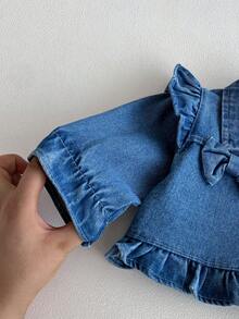 1pc Girls Denim Jacket, Spring/Autumn, Ruffled Collar, Bow Decor, Short Stylish Cropped Denim Top - 藍色 - 查看 7