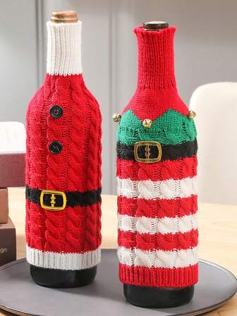 Christmas Wine Bottle Cover, Creative Holiday Decor, Striped Knit Kitchen/Dining Room, Red Wine Bottle Decoration