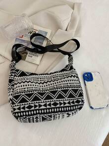 Bolso de hombro de gran capacidad con patrón geométrico de bloques de color retro