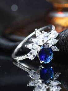 1pc S925 Silver Women's Elegant Ring With Lab-Grown Blue Sapphire Center Decoration, Delicate Floral Design And Sparkling Side Stones, Suitable For Wedding, Anniversary
