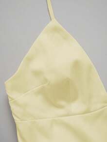 Women's Satin V-Neck Elegant Summer Maxi Dress, Silky Nightdress, Holiday Party Birthday Formal Occasion Dress - Light Yellow - View 4