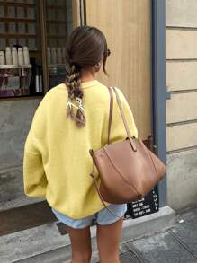 FOR BEAUTY Spring And Summer New Butter Yellow Solid Color Round Neck Long Sleeved Knitted Sweater For Women, Loose, Simple, Casual, Versatile Off Shoulder Pullover Sweater Graduation