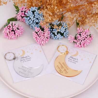 Personalized Moon Shaped Keychain Baby Shower Favors With Card For Guests | Thank You Gifts | Welcome Baby | Baby In Bloom | Oh Baby