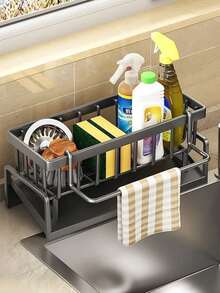 1 pieza Soporte de esponja de plástico para fregadero de cocina, escurridor de platos, estante extraíble para paños, estante de almacenamiento de plástico multifuncional para esponja, jabón y cepillo, dispensador de jabón y soporte para cepillo de baño, accesorios de cocina - Multicolor - Ver 2