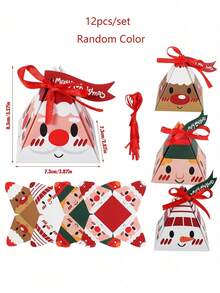 12pcs Festive Christmas Gift Boxes - Pre-Assembled Triangle Treat Containers With Ribbons, Cartoon Christmas Snowman & Santa Claus & Reindeer Design For Christmas Decor, Christmas Gift Wrapping Supplies - Multicolor - View 3
