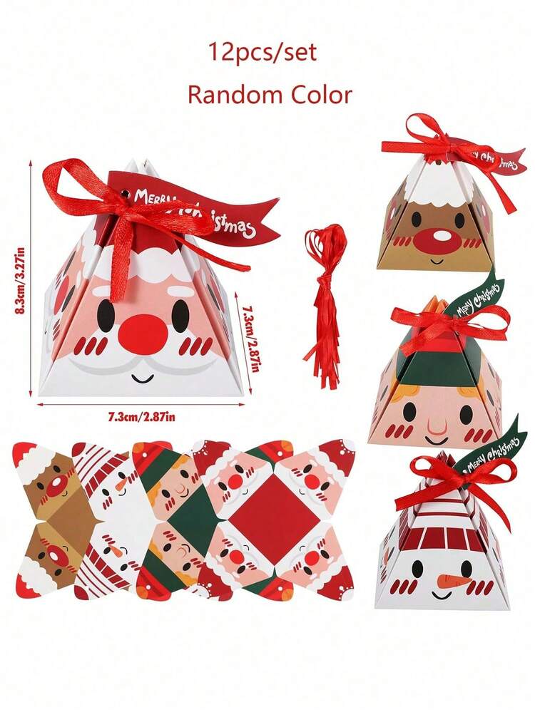 12pcs Festive Christmas Gift Boxes - Pre-Assembled Triangle Treat Containers With Ribbons, Cartoon Christmas Snowman & Santa Claus & Reindeer Design For Christmas Decor, Christmas Gift Wrapping Supplies - Multicolor - View 3