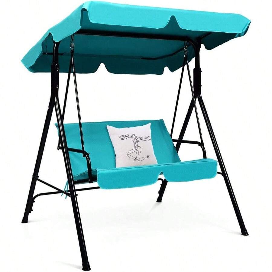 Columpio de patio para 2 personas, con dosel ajustable, estructura de acero con recubrimiento en polvo y asiento acolchado, columpio tipo sofá para patio, jardín, junto a la piscina, balcón, patio trasero (Azul) - Por defecto - Ver 1