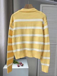 FOR BEAUTY 春秋新款复古条纹撞色高领长袖针织衫，女士宽松时尚休闲套头衫，嘉年华上衣 - 藤黃拼珍珠白 - 查看 4