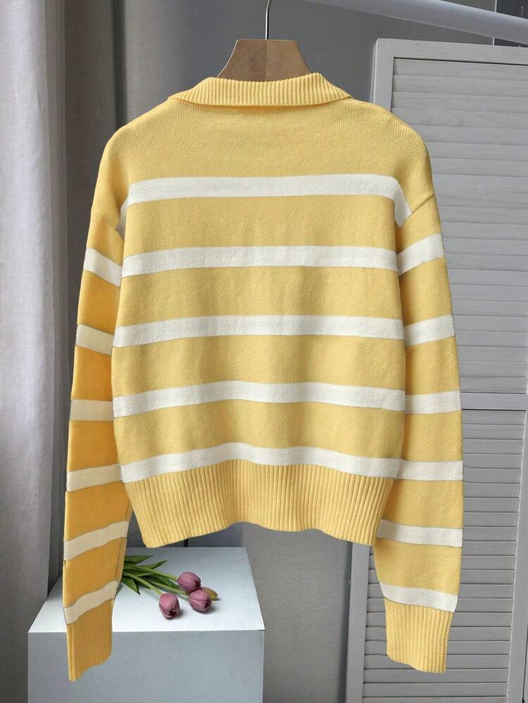 FOR BEAUTY 春秋新款复古条纹撞色高领长袖针织衫，女士宽松时尚休闲套头衫，嘉年华上衣 - 藤黃拼珍珠白 - 查看 4
