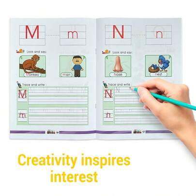 学前英语字母和单词书写练习册，采用直线设计，配有视觉提示引导儿童书写。教育用品。
